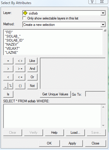 Dialogové okno Select By Attributes
