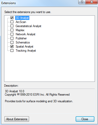 Zapnutí extensions - 3D Analyst a Spatial Analyst